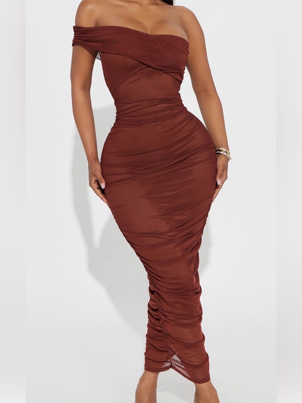 Off-Shoulder Ruched Maxi Dress in Brown